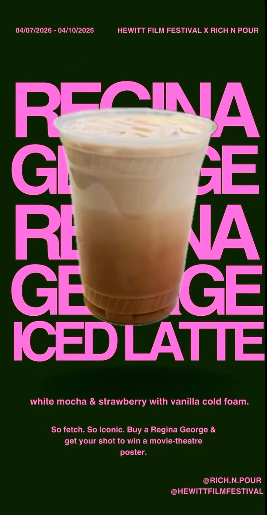 Product post: Regina George iced latte, white mocha and strawberry with vanilla cold foam